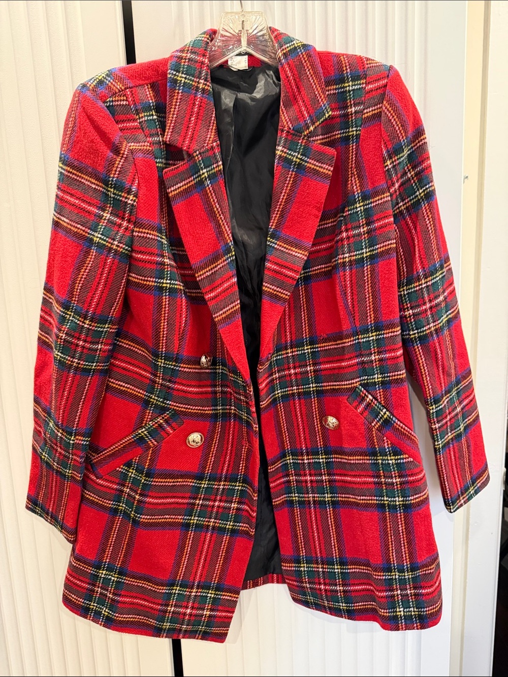 VENUS Red Plaid Double-Breasted Blazer with Gold Buttons